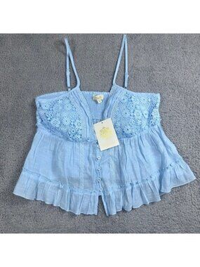 Rebellion Again Light Blue Lace Button-Up Tank Top, Size Large